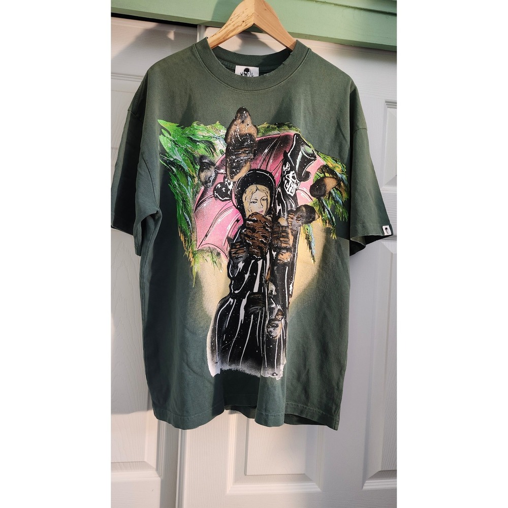 Warren Lotas Forest Green Graphic T-Shirt Pink Umbrella Skeleton Mens XL USA